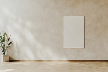 Indoor Scene with Blank Poster Mockup on Warm Beige Wall in Cozy Inviting Setting, People Passing by in Motion Blur, Diffused Natural Daylight