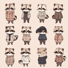 Wall Mural - A collection of cute raccoon characters in various outfits and poses.