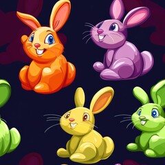 Sticker - A colorful illustration of cartoon rabbits in various poses and colors.