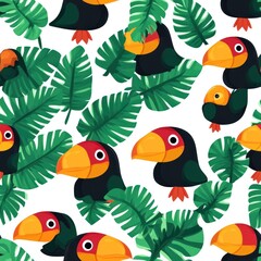 Poster - A colorful pattern featuring toucan heads and tropical leaves on a white background.