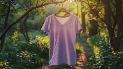 Canvas Print - A shirt hanging on a tree branch in a forest. The shirt is purple and the sun is shining on it