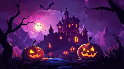 Canvas Print - Spooky halloween illustration, pumpkins castle, dark, cartoon style for kids. High quality photo 