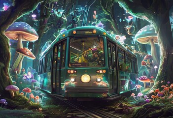 Wall Mural - mystical forest trolleybus a trolleybus surrounded by holographi