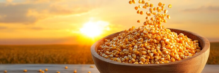 Canvas Print - A close-up image of a wooden bowl filled with golden corn kernels, with more kernels pouring into the bowl from above. The image is set against a backdrop of a sunset over a field of corn, symbolizing