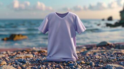 Canvas Print - A shirt is laying on the beach, with the ocean in the background. The shirt is purple and has a v-neck. Scene is calm and peaceful, as the shirt is laid out on the beach