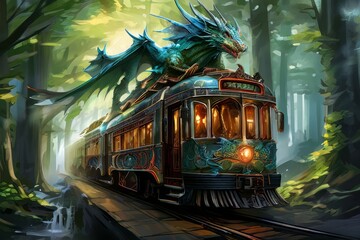 Wall Mural - mythical creatures tram featuring dragons phoenixes and other my