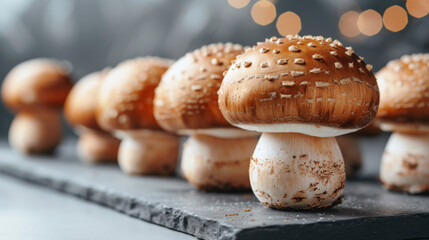 Freshly harvested mushrooms lined neatly on a serving board