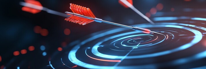 A close-up of a red arrow piercing the center of a futuristic bullseye, symbolizing accuracy, precision, goal achievement, and success.