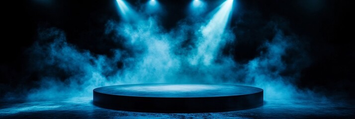 Canvas Print - A dark, moody stage with blue spotlights illuminating a circular podium surrounded by swirling smoke. This image evokes a sense of mystery, anticipation, and excitement, perfect for showcasing product