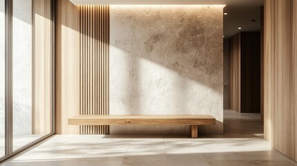 A cozy hallway with a minimalist design, featuring a wooden bench set against a marble stone wall and wood paneling. Large windows allow natural light to flood the space, enhancing its warmth.