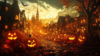 Sticker - Halloween city with pumpkins 