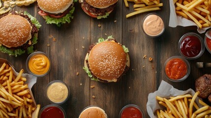 Sticker - Top view of various fast foods, including burgers, fries, and sauces, spread out on a wooden table, creating a mouth-watering