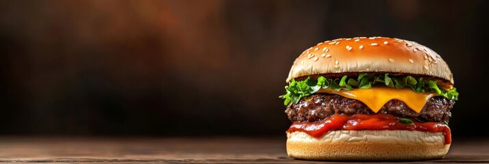 A close-up shot of a mouthwatering cheeseburger with melted cheese and tomato sauce, resting on a rustic wooden table. The burger is perfectly composed with fresh lettuce, a juicy patty, and a toasted