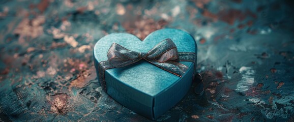 Blue Heart Shaped Gift Box with Bow on Rustic Background