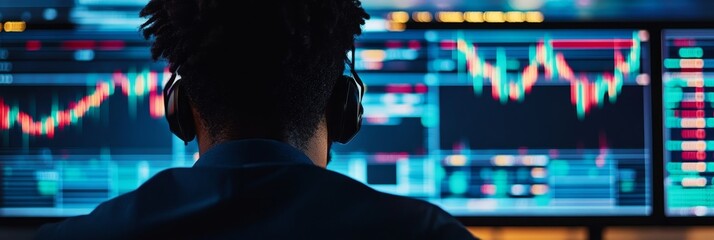 Poster - A focused African American trader sits in front of a computer screen, intently analyzing stock market data displayed in colorful graphs and charts. This image represents financial analysis, market tre