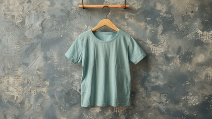 A blue shirt is hanging on a wooden hanger. The shirt is hanging on a wall, and the wall is made of concrete