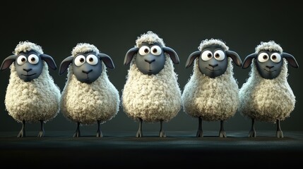 Canvas Print - Five cartoon sheep with expressive faces arranged in a row against a dark background.