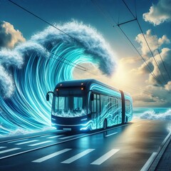 Wall Mural - Ocean Wave Trolleybus A trolleybus with holographic waves crashi