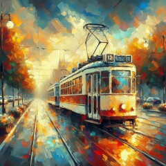 Wall Mural - Oil Painting Tram A digital illustration of a tram rendered in t