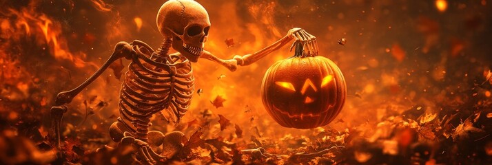 Sticker - A skeletal figure, bathed in fiery orange light, holds a glowing jack-o'-lantern in its bony hand. The scene evokes themes of Halloween, autumn, and the cycle of life and death.