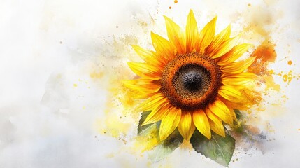 Wall Mural - vibrant sunflower with watercolor-painted foliage and flowers on a white background,