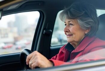 Older woman with short gray hair wearing a red jacket her hands