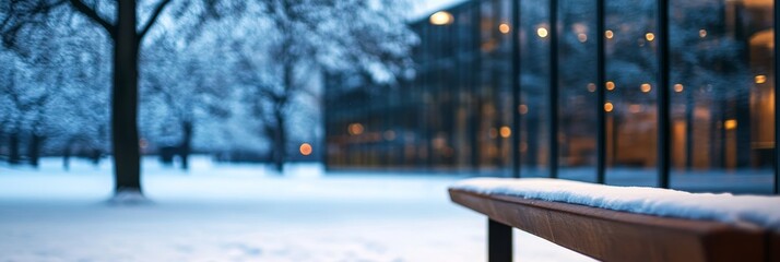 Sticker - A wooden park bench covered in fresh snow sits in the foreground with a modern glass building as the backdrop. The image evokes feelings of peace, solitude, and winter's quiet beauty.