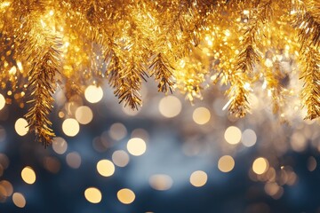 Wall Mural - A stunning golden decoration with shimmering lights and soft bokeh effect, perfect for festive celebrations and winter holidays.