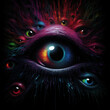 © Gun - The All-Seeing Eye: A mesmerizing, yet unsettling digital artwork of a giant, otherworldly eye surrounded by a multitude of smaller eyes, peering out from a dark abyss. Perfect for projects on surveil