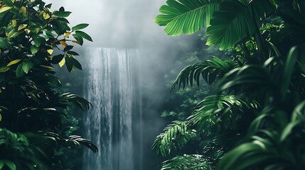 A lush tropical waterfall hidden deep in the jungle, surrounded by thick greenery and mist