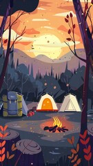 Camping scene with tents set up around a campfire, surrounded by hiking backpacks and gear. The setting creates a warm and inviting atmosphere, perfect for outdoor adventures.