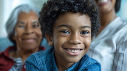 Joyful family portrait showcasing love and smiles as they bond and relax together during a holiday at home. Happiness shared among a mother, grandmother, and young child