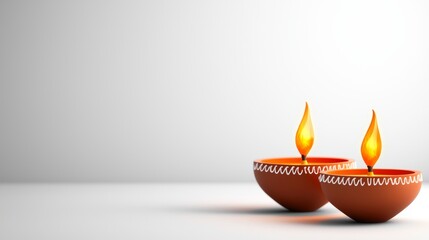 Two clay lamps with flames against a white gradient background Created with Generative AI.