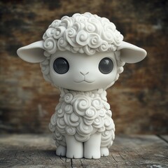 Canvas Print - A cute, stylized sheep figure with curly wool and big eyes, set against a rustic background.