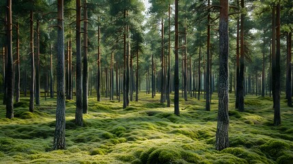 Wall Mural - Sunlight Filtering Through the Trees in a Mossy Forest