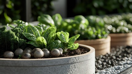 Outdoor potted plants thrive in large, stylish containers surrounded by decorative stones, showcasing lush green foliage against a backdrop of natural textures and light.