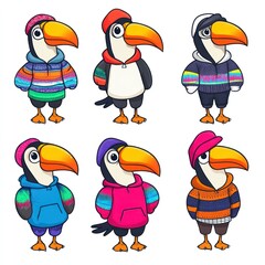 Sticker - A collection of cartoon toucans in colorful sweaters and hats.