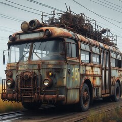 Wall Mural -  Post Apocalyptic Trolleybus Rusted with patches of new metal gi