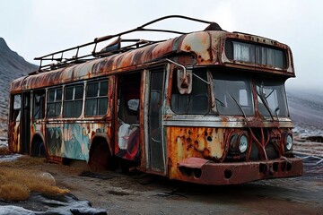 Wall Mural - post apocalyptic trolleybus rusted with patches of new metal giv