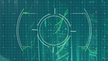 Targeting system animation over green grid background with technical elements