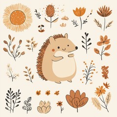 Sticker - A cute hedgehog surrounded by various flowers and plants in warm colors.