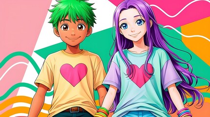 Smiling anime boy and girl with green and purple hair, hearts on shirts, colorful bracelets. Suitable for kids fashion and Valentines Day.