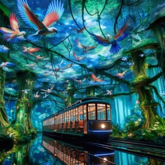 Wall Mural -  Rainforest Canopy Tram A tram with holographic trees vines and