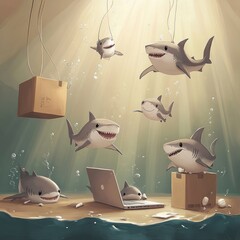 Wall Mural - Cartoon sharks interacting with a laptop and boxes in a whimsical underwater setting.