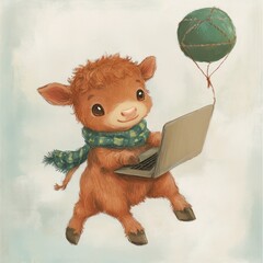 Canvas Print - A cute calf using a laptop while holding a balloon, conveying a playful and whimsical scene.