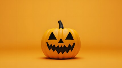 A pumpkin with a smiley face on it is sitting on a yellow background. The pumpkin is the main focus of the image, and the yellow background adds a warm and inviting atmosphere