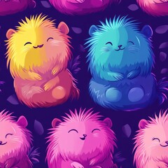 Canvas Print - A colorful pattern of cute, fluffy creatures resembling cartoon hedgehogs.