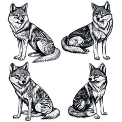 Wall Mural - Four stylized wolf illustrations in various poses and details.