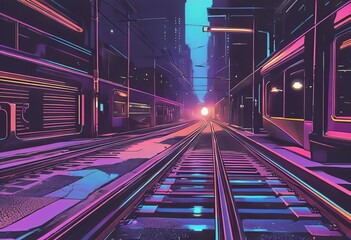 Wall Mural - retrofuturistic rails tram tracks rendered in a retrofuturistic