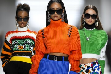 80s style fashion with oversized sweaters and leggings, illustrated in a scene where models wear oversized sweaters, leggings, and leg warmers, with bright colors and bold patterns creating